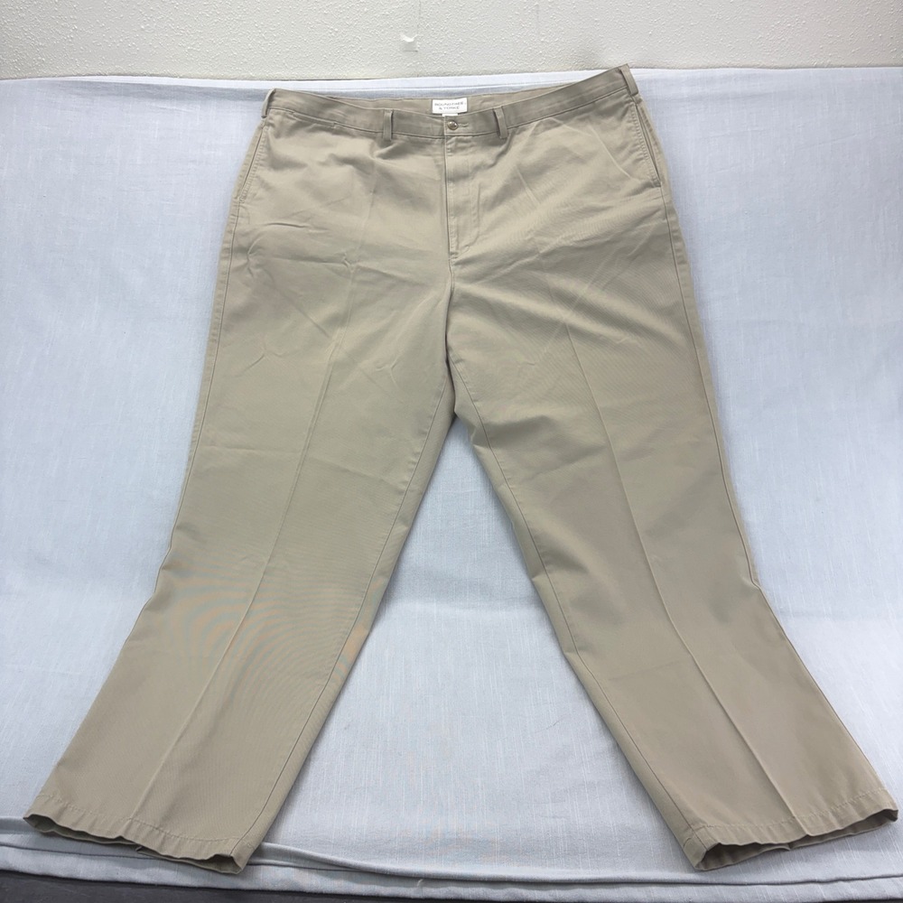 Roundtree & Yorke Pants Mens 48x34 Big Chino Khaki Tan Flat Front Cotton Slacks